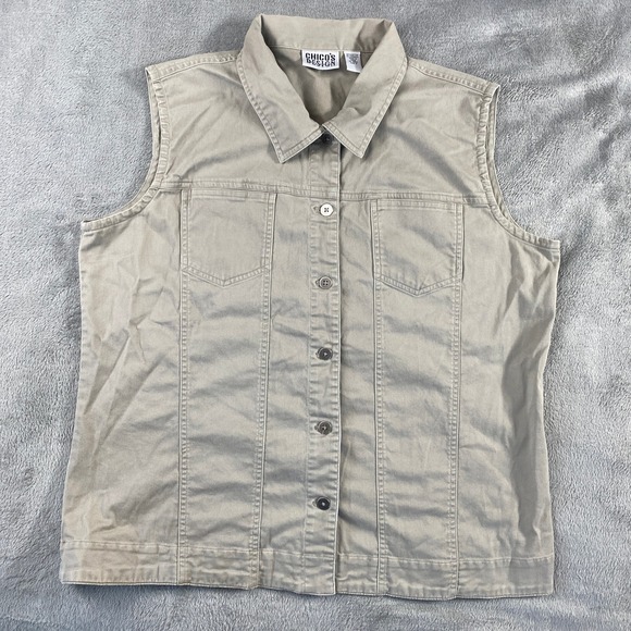 Chico's Design Jackets & Blazers - Chicos Design Vest Womens 3 Tan Button Cotton Stretch Utility Safari Layering